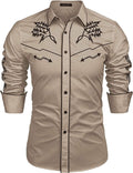 Western Cowboy Embroidered Button Down Cotton Shirt (US Only) Shirts COOFANDY Store Khaki S 