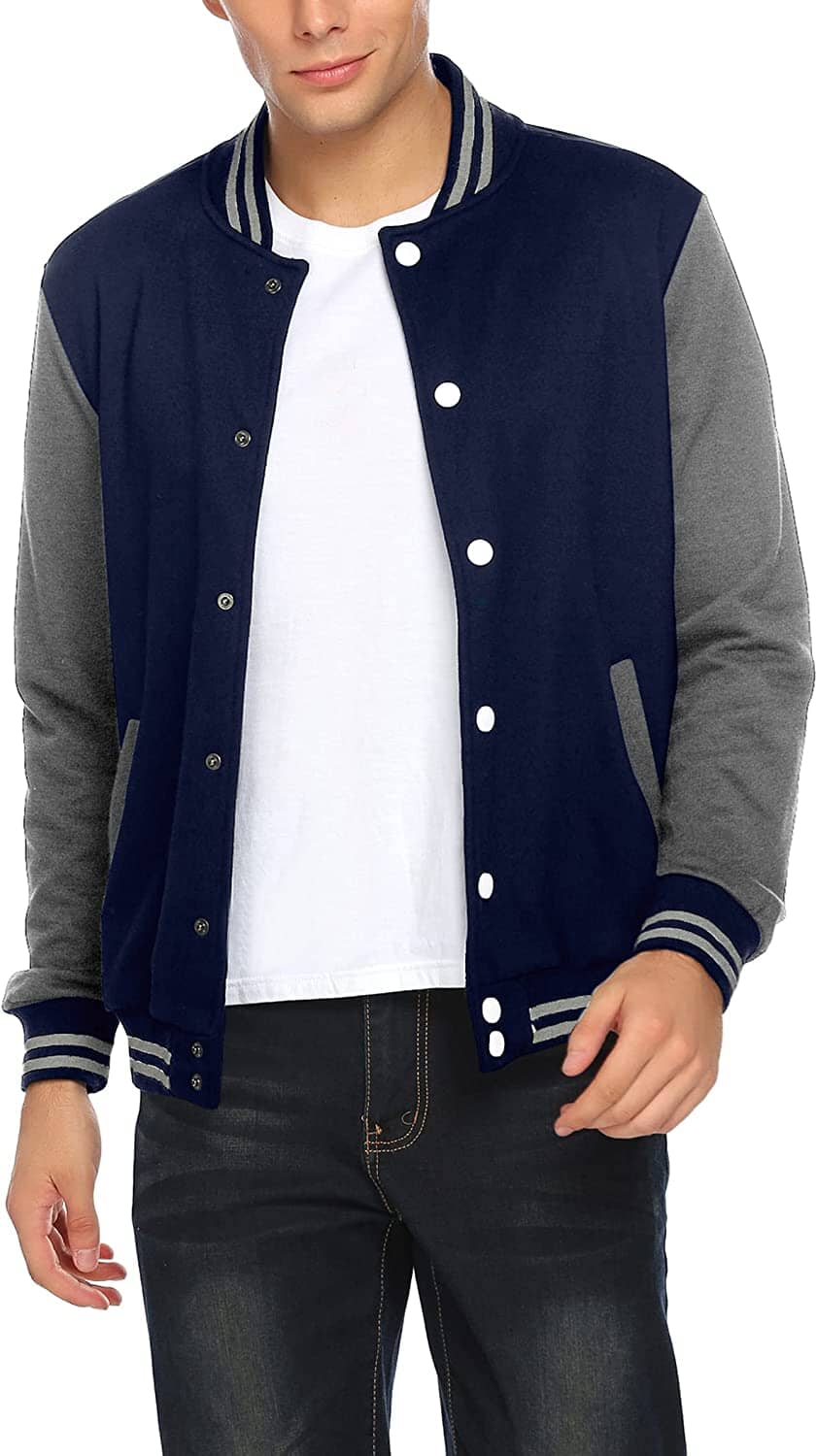 Fashion Varsity Cotton Bomber Jackets (US Only) Jackets COOFANDY Store Navy/Grey S 