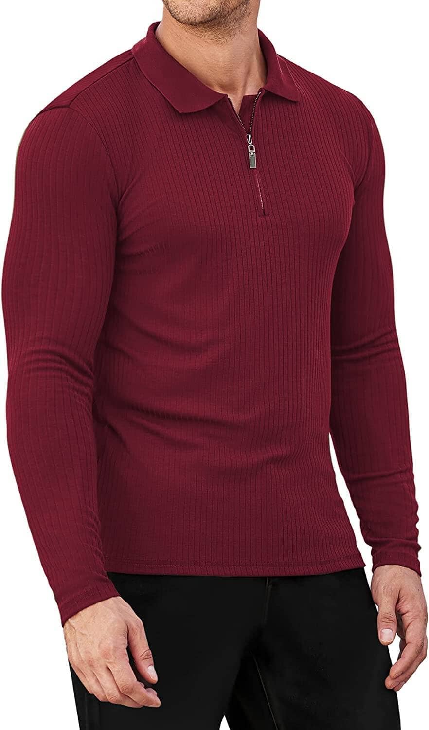 Long Sleeve Quarter Zip Polo Shirts (US Only) Polos COOFANDY Store Wine Red S 