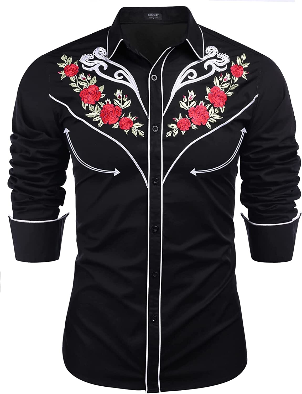 Western Cowboy Embroidered Button Down Cotton Shirt (US Only) Shirts COOFANDY Store Black (Retro Rose) S 