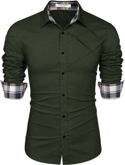 Plaid Collar Button Cotton Dress Shirt (US Only) Shirts COOFANDY Store Army Green S 