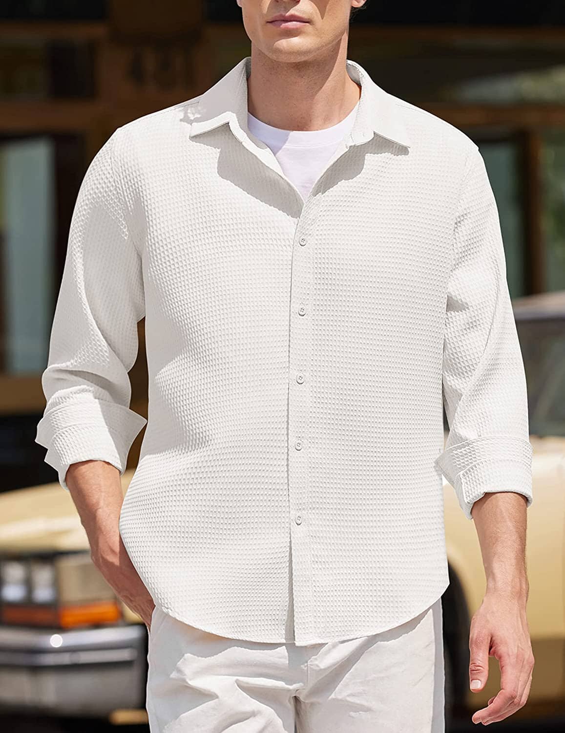 Casual Waffle Button Down Wrinkle Free Shirt (US Only) Shirts COOFANDY Store 