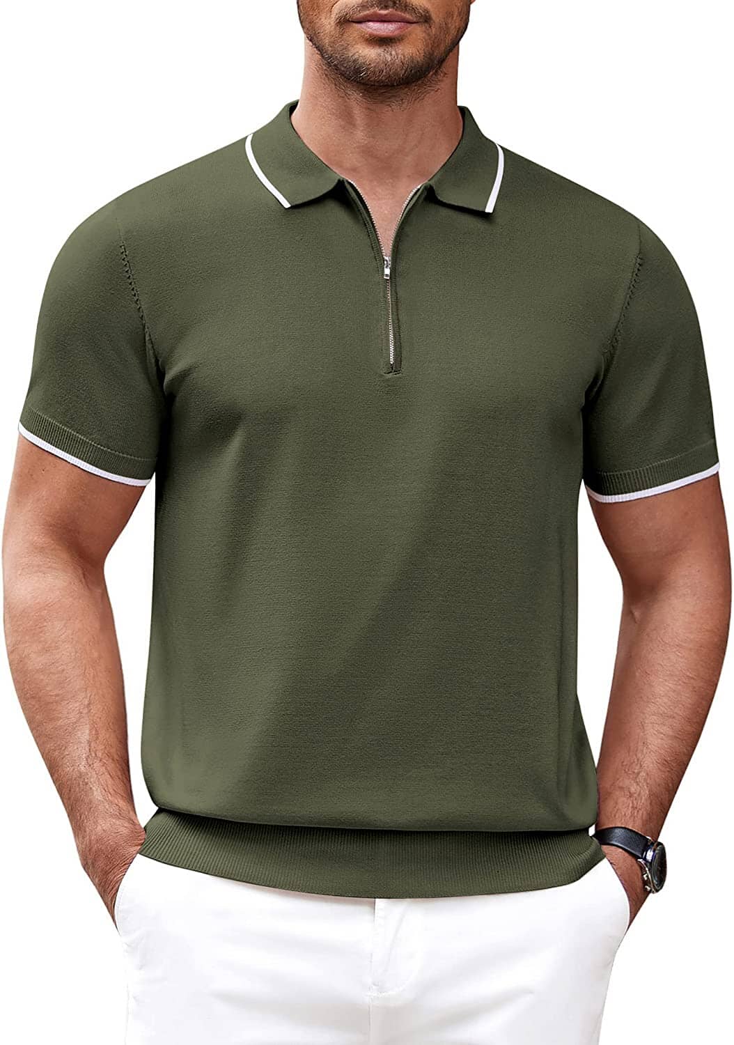 Classic Zipper Short Sleeve Polo Shirt (US Only) Polos COOFANDY Store Army Green S 