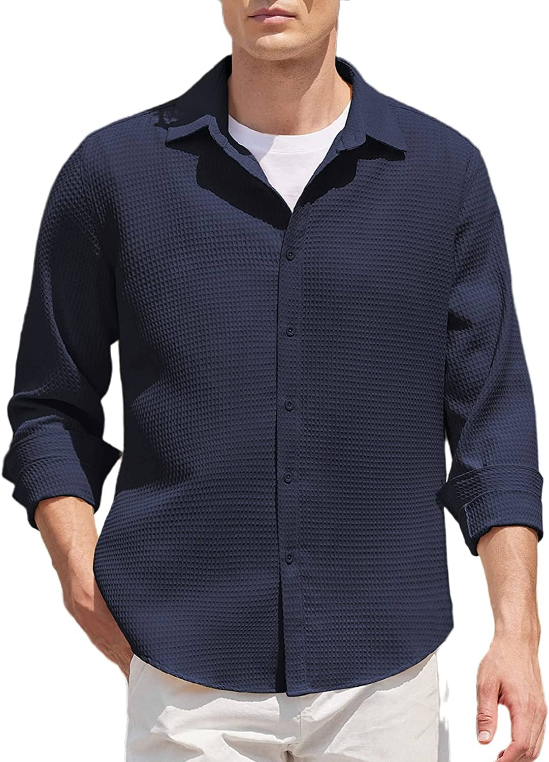 Casual Waffle Button Down Wrinkle Free Shirt (US Only) Shirts COOFANDY Store Navy Blue S 