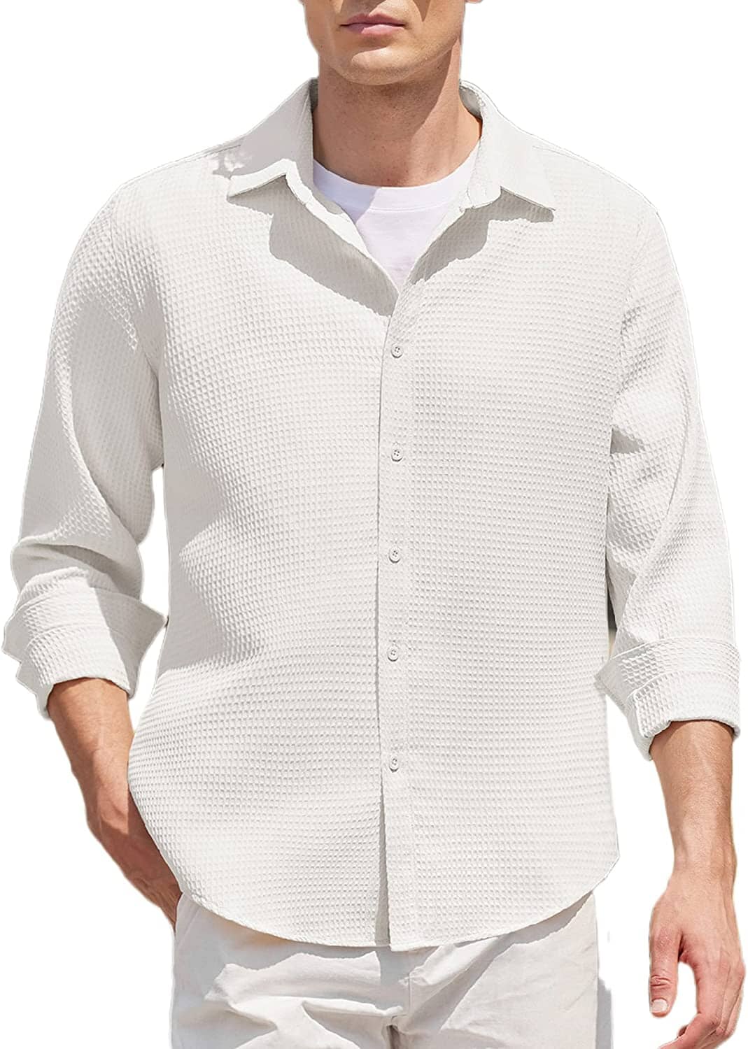 Casual Waffle Button Down Wrinkle Free Shirt (US Only) Shirts COOFANDY Store White M 