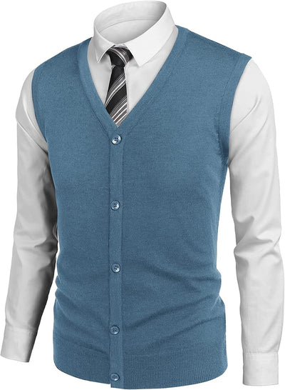 Casual Sleeveless Knitted Button Cardigan Vest (US Only) Vest COOFANDY Store Blue M 