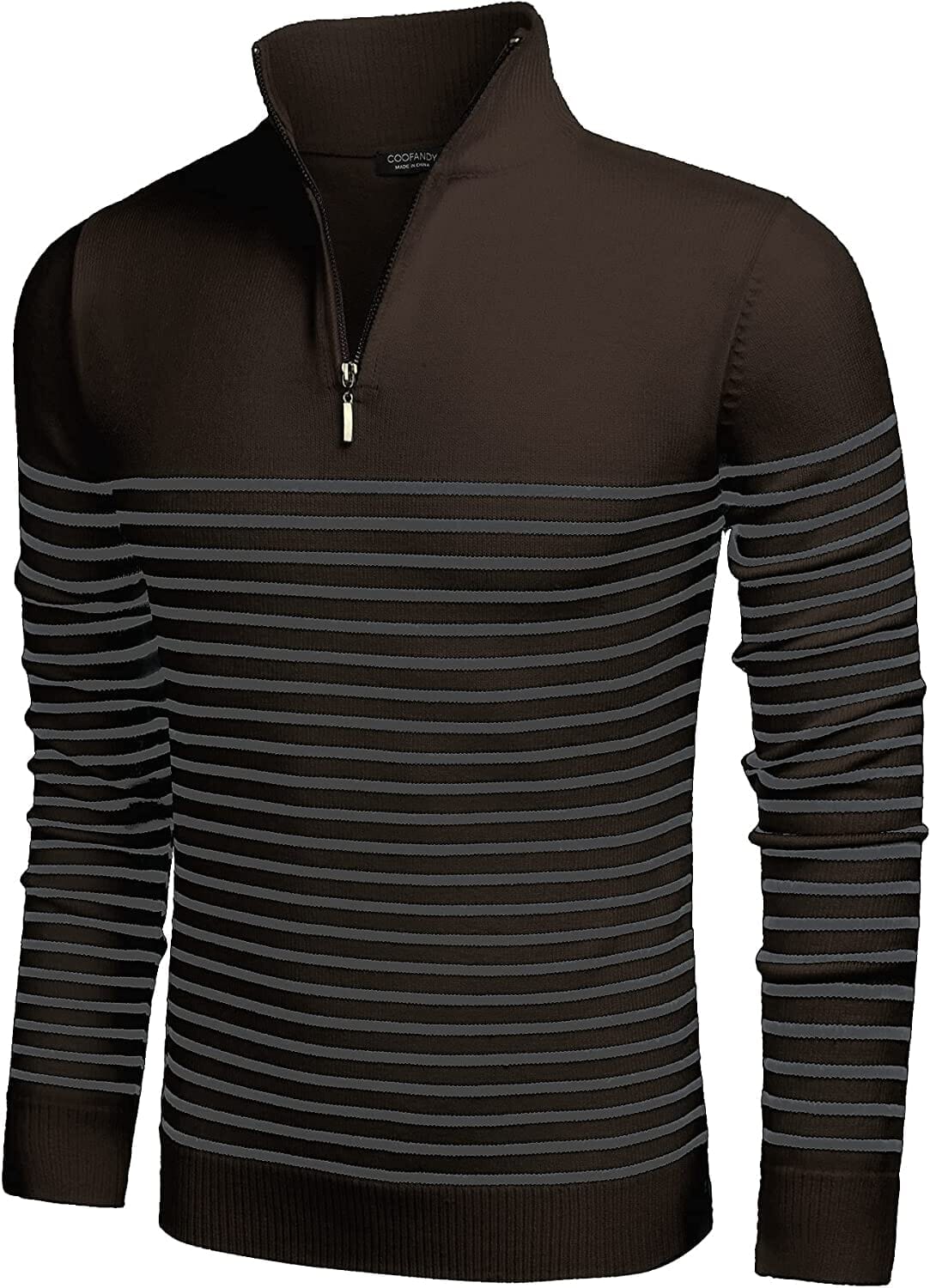 Coofandy Striped Zip Up Mock Neck Pullover Sweaters (US Only) Fashion Hoodies & Sweatshirts Simbama Brown S 