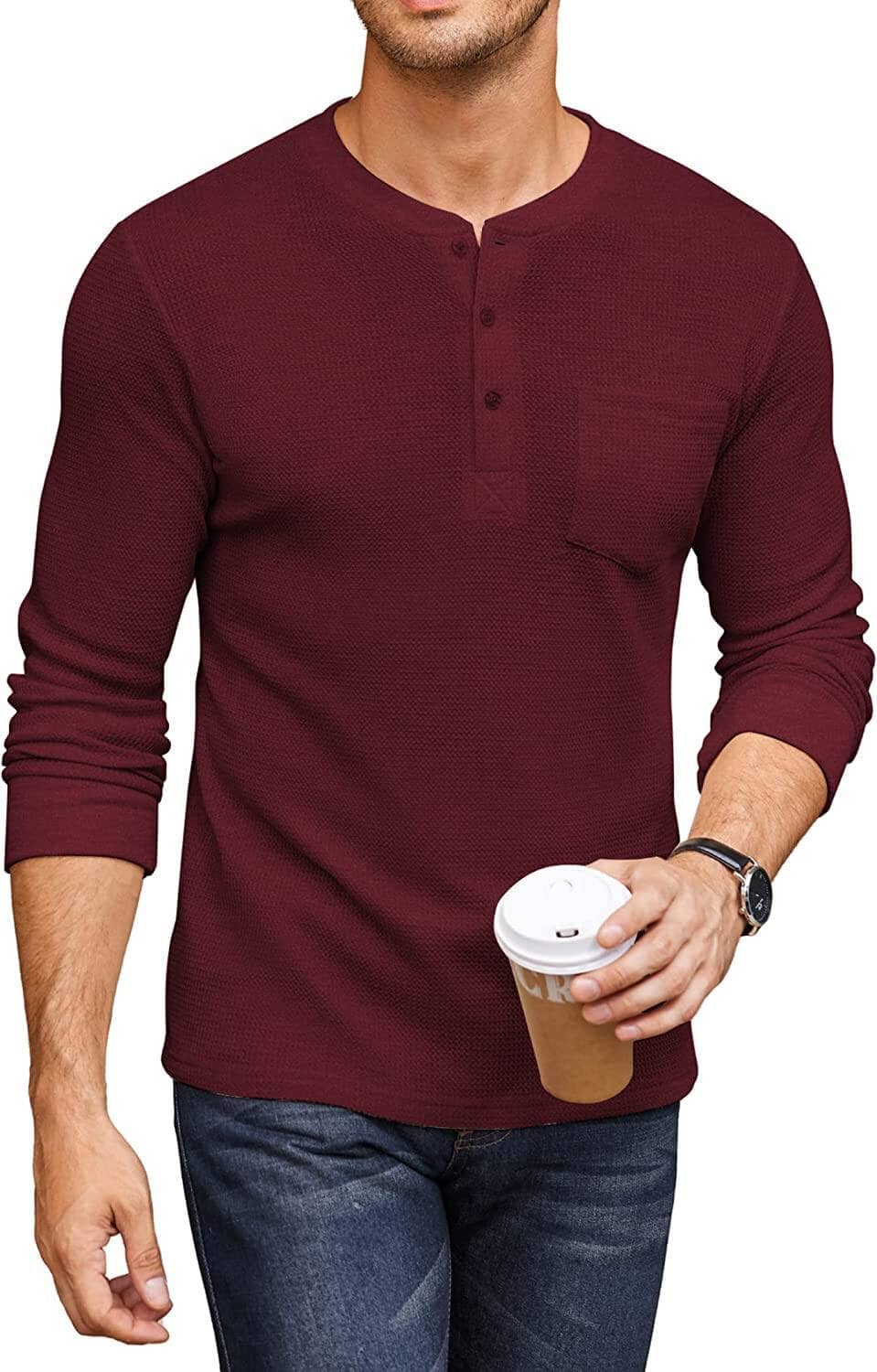 Basic Waffle Pullover Long Sleeve T-Shirt (US Only) T-Shirt Coofandy's Wine Red S 