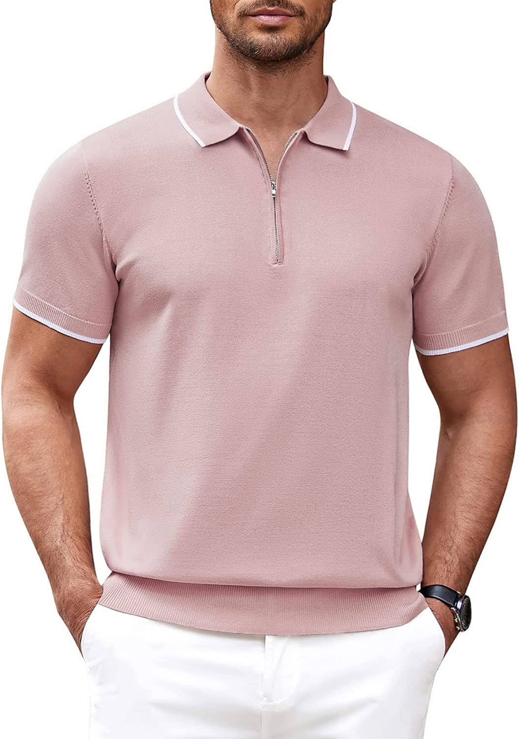 Classic Zipper Short Sleeve Polo Shirt (US Only) Polos COOFANDY Store Pink S 