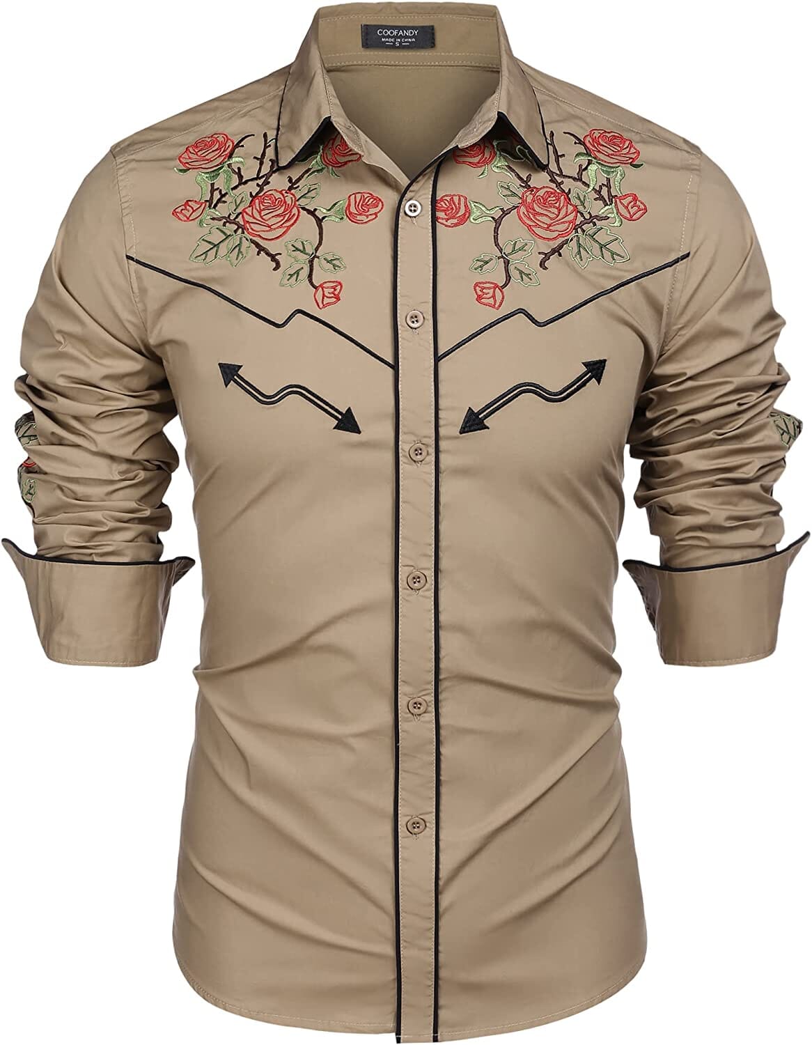 Western Cowboy Embroidered Button Down Cotton Shirt (US Only) Shirts COOFANDY Store Khaki (Rose) S 