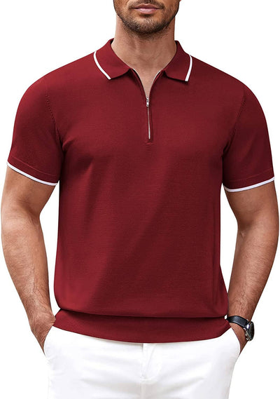 Classic Zipper Short Sleeve Polo Shirt (US Only) Polos COOFANDY Store Wine Red S 