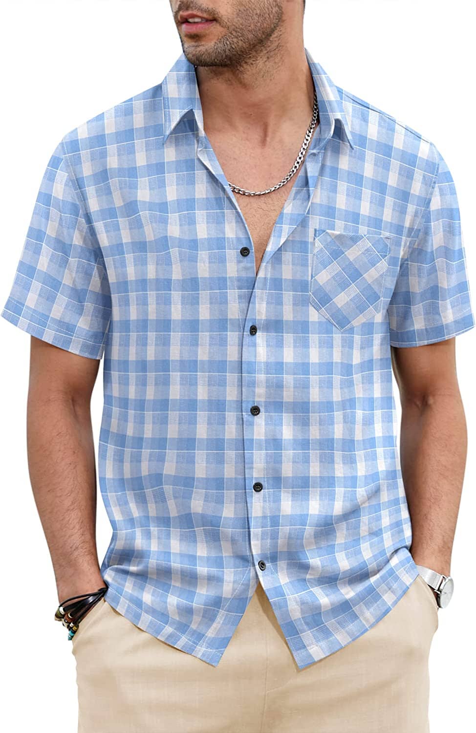 Classic Short Sleeve Plaid Cotton Shirts with Pocket (US Only) Shirts COOFANDY Store Light Blue S 