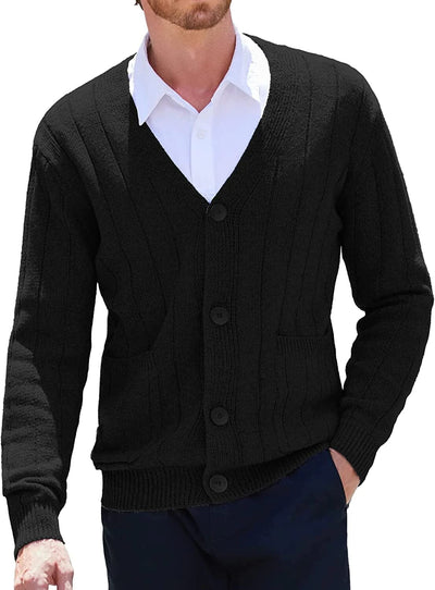 Cardigan Knit V Neck Button up Sweaters (US Only) Sweaters COOFANDY Store Black S 
