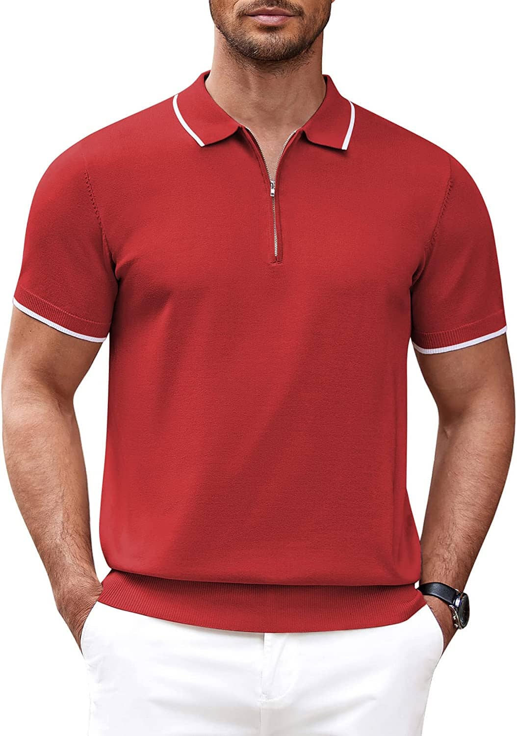 Classic Zipper Short Sleeve Polo Shirt (US Only) Polos COOFANDY Store Red S 