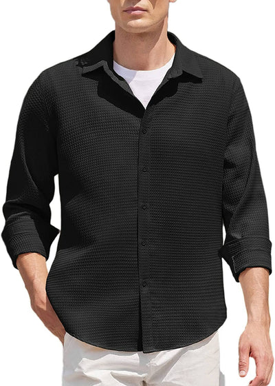 Casual Waffle Button Down Wrinkle Free Shirt (US Only) Shirts COOFANDY Store Black S 