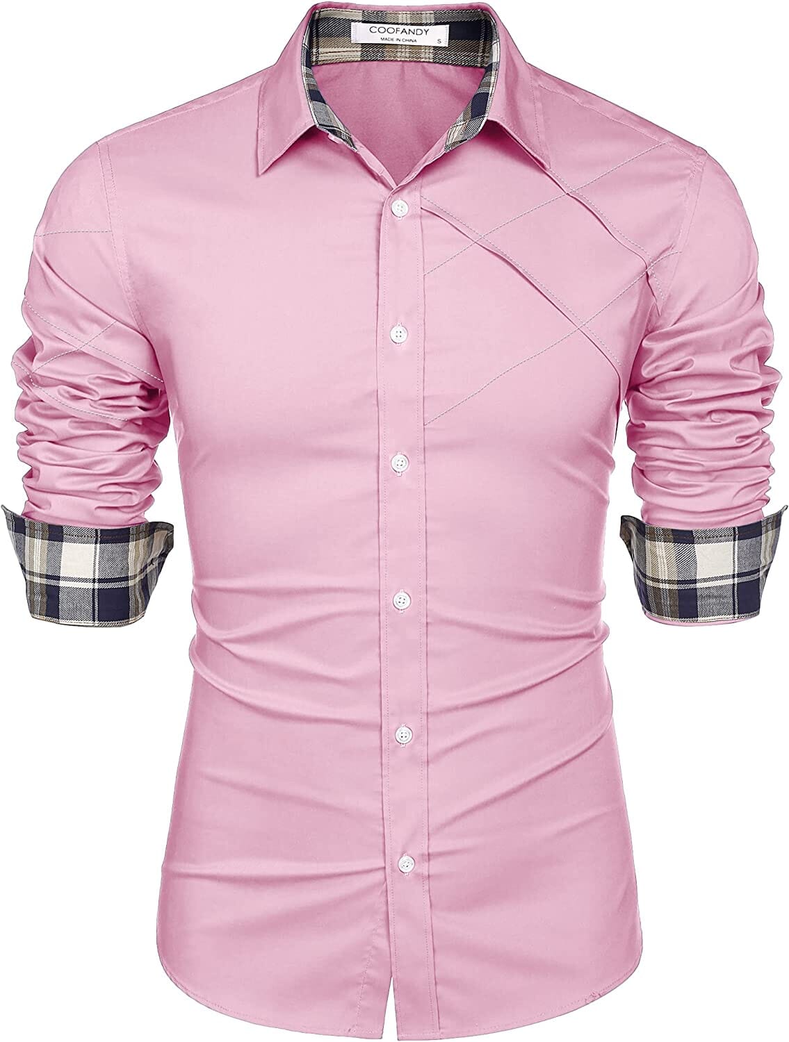 Plaid Collar Button Cotton Dress Shirt (US Only) Shirts COOFANDY Store Light Pink S 