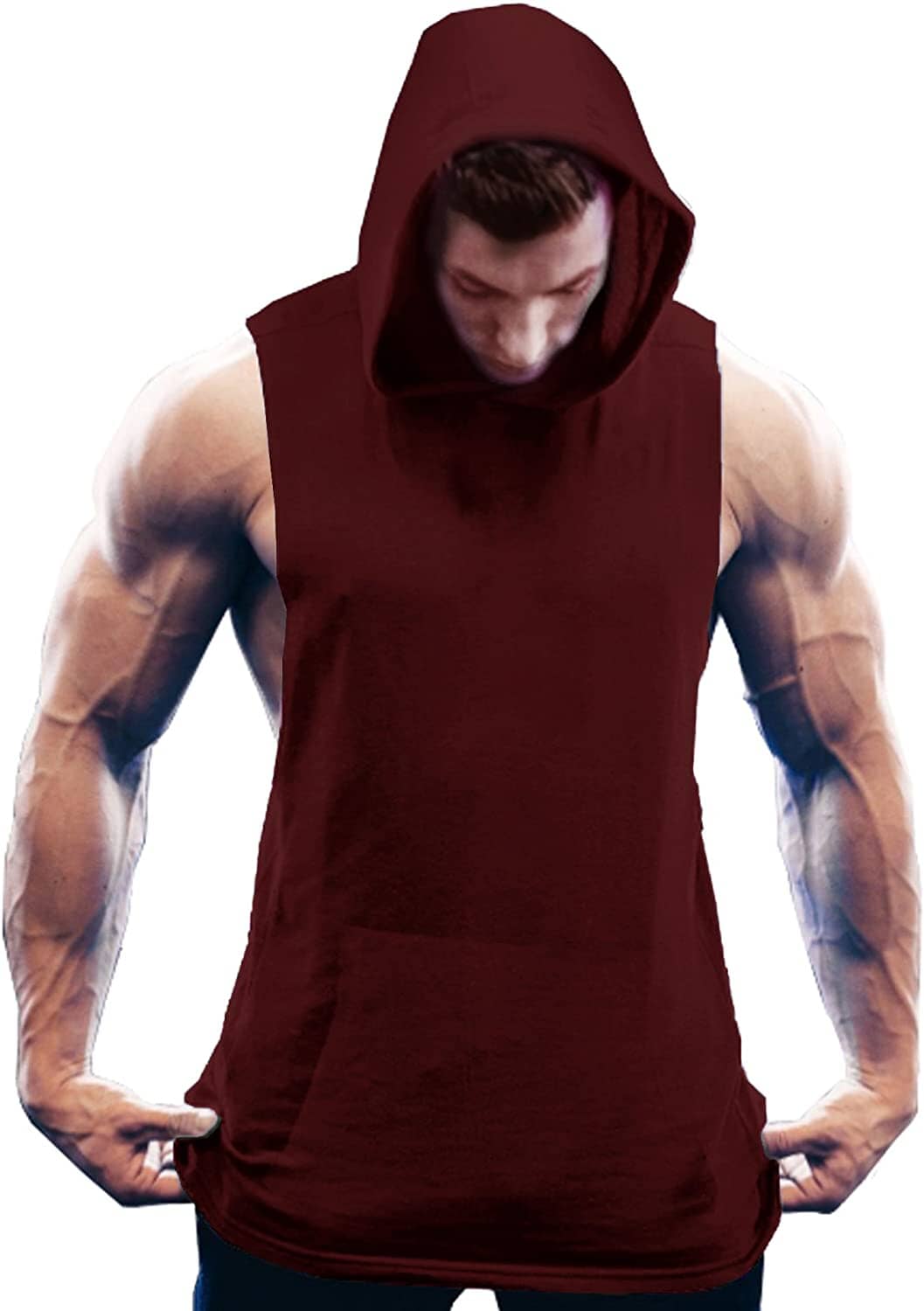 Workout Bodybuilding Muscle Sleeveless Hooded Tank Top (US Only) Tank Tops COOFANDY Store Wine Red S 
