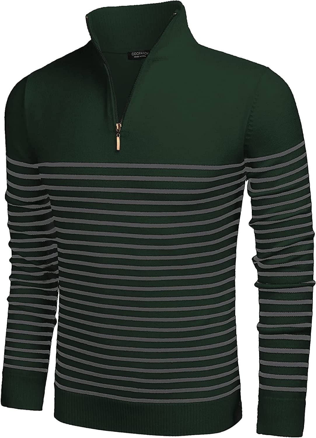 Striped Zip Up Mock Neck Pullover Sweaters (US Only) Sweaters COOFANDY Store Dark Green S 