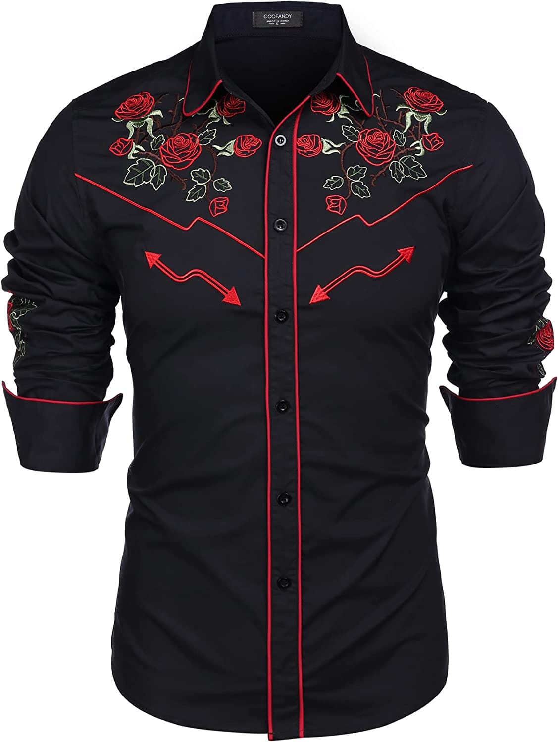 Western Cowboy Embroidered Button Down Cotton Shirt (US Only) Shirts COOFANDY Store Black (Rose) M 