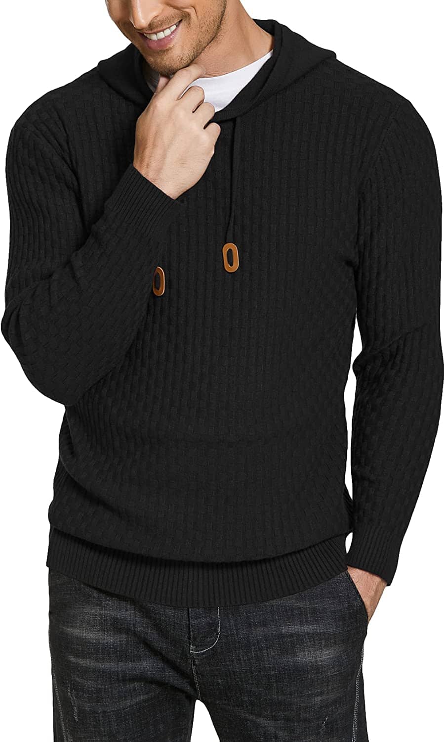 Solid Knitted Pullover Hooded Sweatshirt (US Only) Hoodies Brand: COOFANDY Black S 