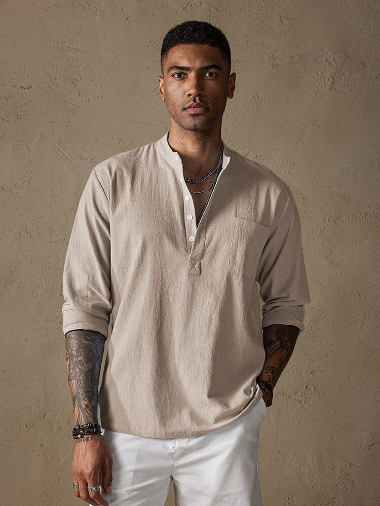 Linen V-neck Beach Long-sleeved Shirt Shirts & Polos coofandystore Khaki S 