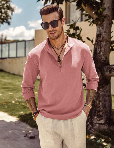 Coofandy Linen Style Collar Long-sleeved Shirt Shirts coofandy Pink M 
