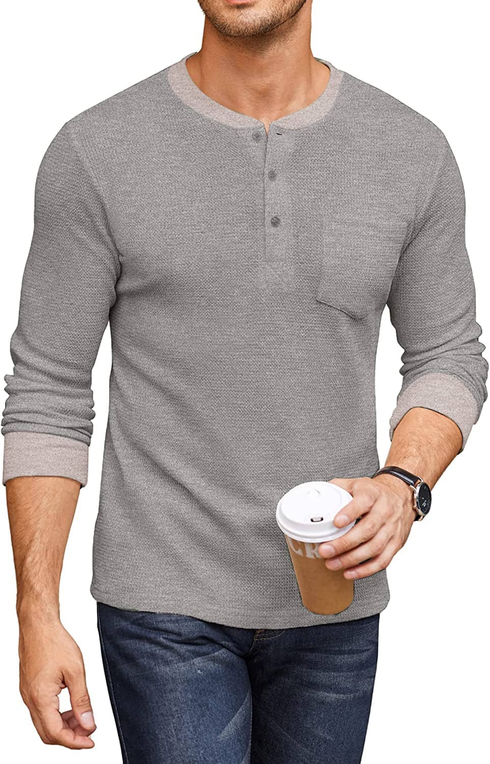 Basic Waffle Pullover Long Sleeve T-Shirt (US Only) T-Shirt Coofandy's Grey S 