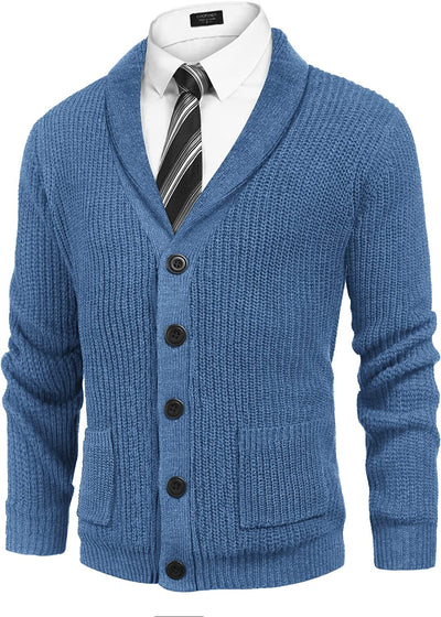 Lapel Button Up Cable Knit Cardigan with Pockets (US Only) Cardigans COOFANDY Store Blue S 