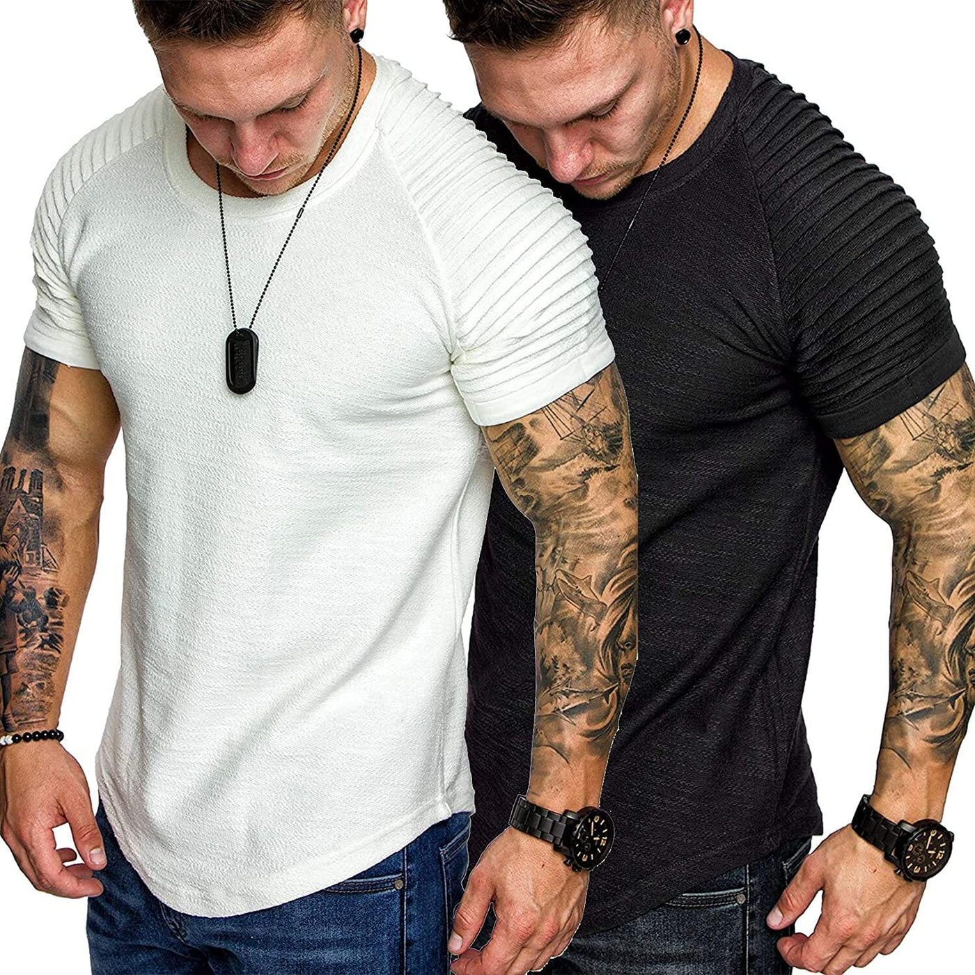 2 Packs Pleats Sleeve Muscle Gym Tee (US Only) T-Shirt COOFANDY Store Black/White S 