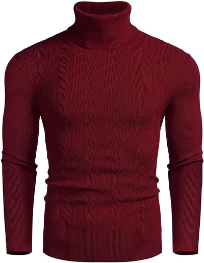 Slim Twist Pattern Turtleneck Knit Sweater (US Only) Sweaters COOFANDY Store Wine Red S 