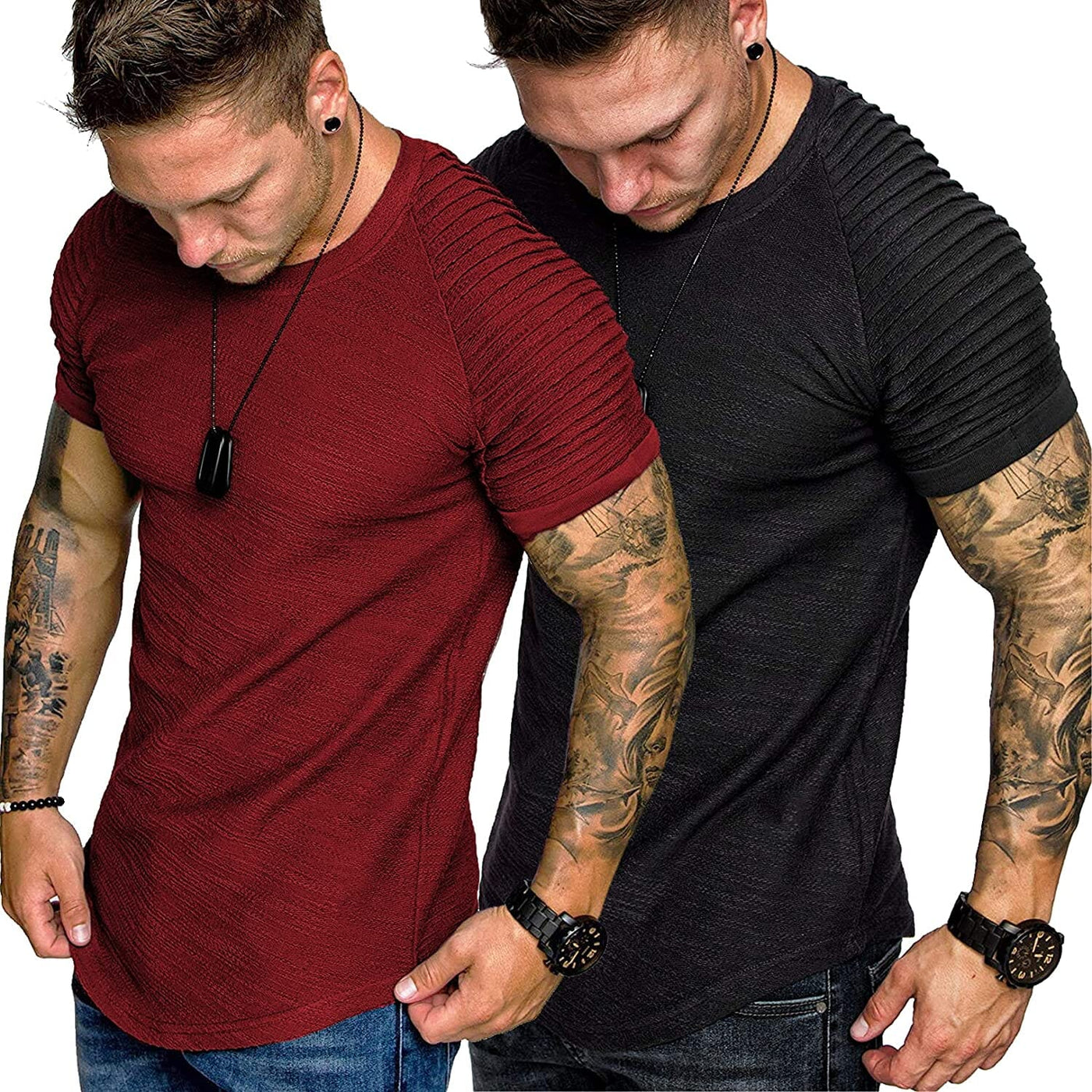 2 Packs Pleats Sleeve Muscle Gym Tee (US Only) T-Shirt COOFANDY Store Black/Wine Red S 