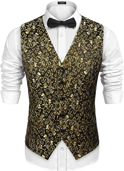 Floral Victorian Tuxedo Suit Vest (US Only) Vest COOFANDY Store Gold/Black S 
