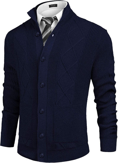 Casual Stand Collar Button Down Cardigan with Pockets (US Only) Cardigans COOFANDY Store Navy Blue S 
