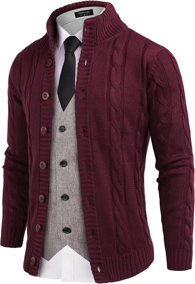 Coofandy Cardigan Cable Knitted Button Down Sweater (US Only) Sweaters COOFANDY Store Wine Red S 