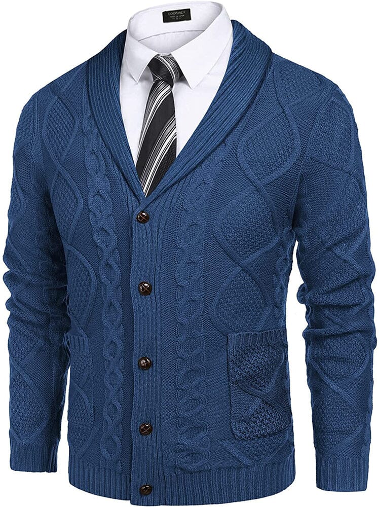 Shawl Collar Button Down Knitted Sweater with Pockets (US Only) Sweaters COOFANDY Store Blue S 
