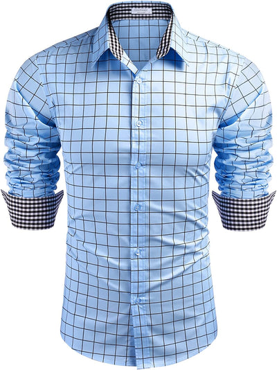 Business Long Sleeve Slim Fit Dress Shirt (US Only) Shirts COOFANDY Store Blue-Square Plaid S 