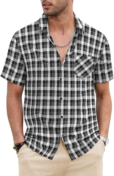 Classic Short Sleeve Plaid Cotton Shirts with Pocket (US Only) Shirts COOFANDY Store Black S 