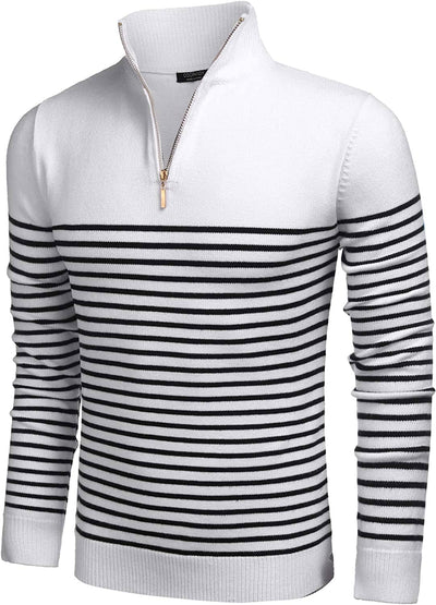 Striped Zip Up Mock Neck Pullover Sweaters (US Only) Sweaters COOFANDY Store White S 