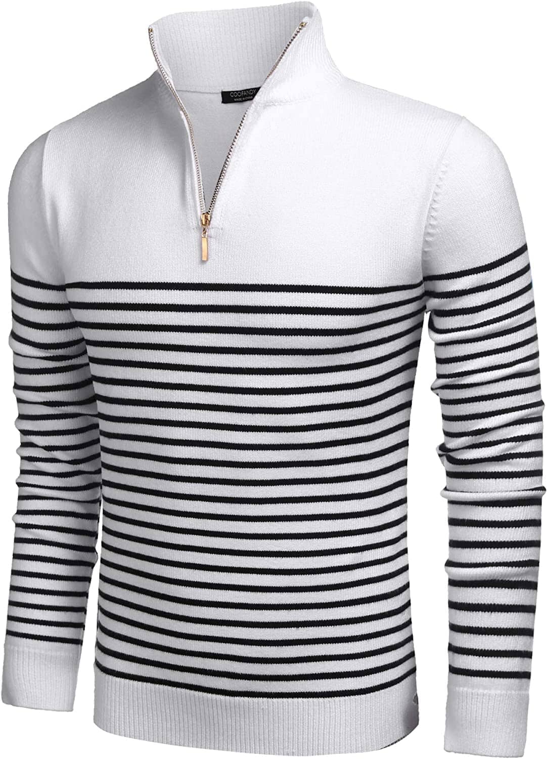 Coofandy Striped Zip Up Mock Neck Pullover Sweaters (US Only) Fashion Hoodies & Sweatshirts Simbama White S 