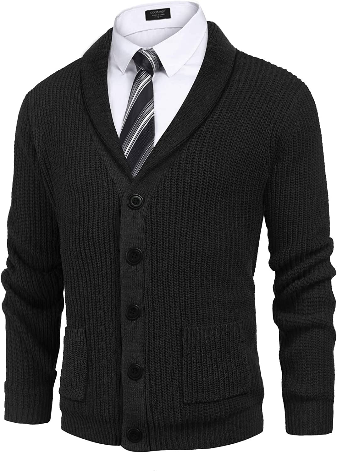 Lapel Button Up Cable Knit Cardigan with Pockets (US Only) Cardigans COOFANDY Store Black S 