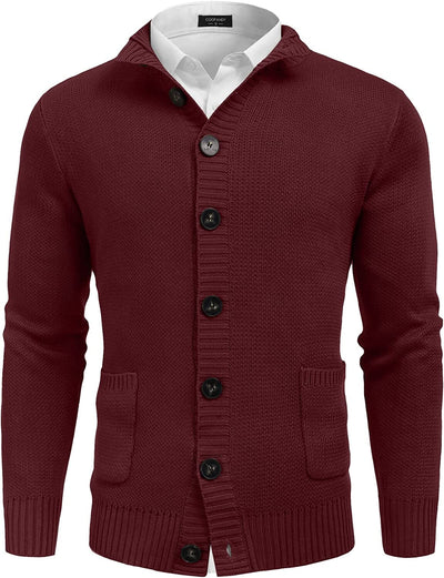 Stand Collar Button Down Knitted Cardigan with Pockets (US Only) Cardigans COOFANDY Store Wine Red S 