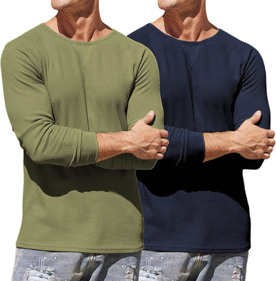 2 Pack Waffle Long Sleeve Cotton T-Shirt (US Only) T-Shirt COOFANDY Store Army Green/Navy Blue S 
