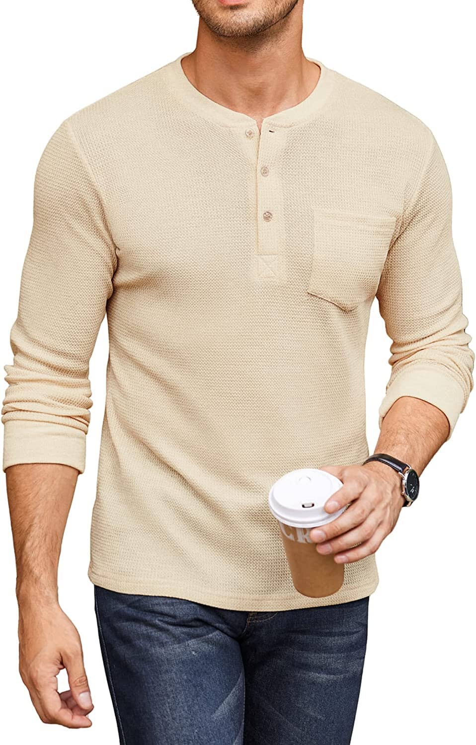 Basic Waffle Pullover Long Sleeve T-Shirt (US Only) T-Shirt Coofandy's Khaki S 