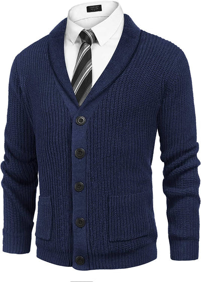 Lapel Button Up Cable Knit Cardigan with Pockets (US Only) Cardigans COOFANDY Store Snorkel Blue S 