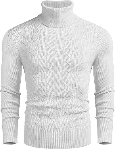 Slim Twist Pattern Turtleneck Knit Sweater (US Only) Sweaters COOFANDY Store White S 