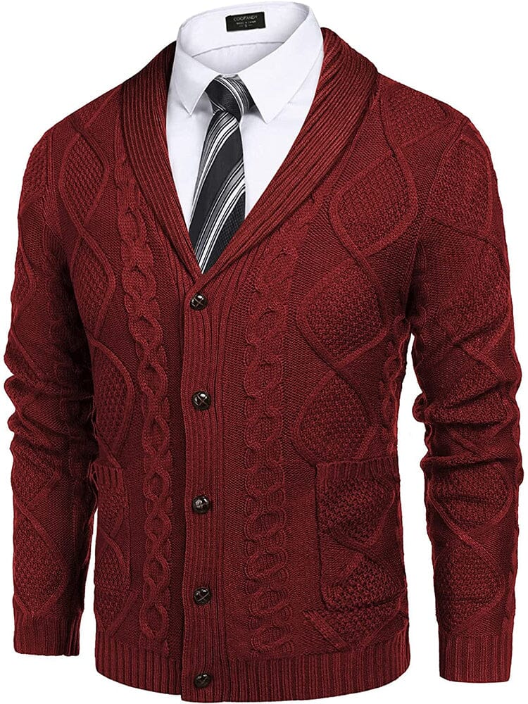 Shawl Collar Button Down Knitted Sweater with Pockets (US Only) Sweaters COOFANDY Store Wine Red S 