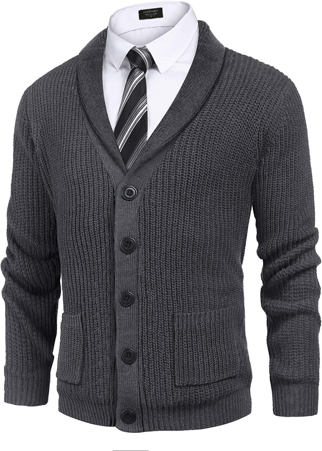 Lapel Button Up Cable Knit Cardigan with Pockets (US Only) Cardigans COOFANDY Store Dark Grey S 