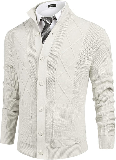 Casual Stand Collar Button Down Cardigan with Pockets (US Only) Cardigans COOFANDY Store White S 