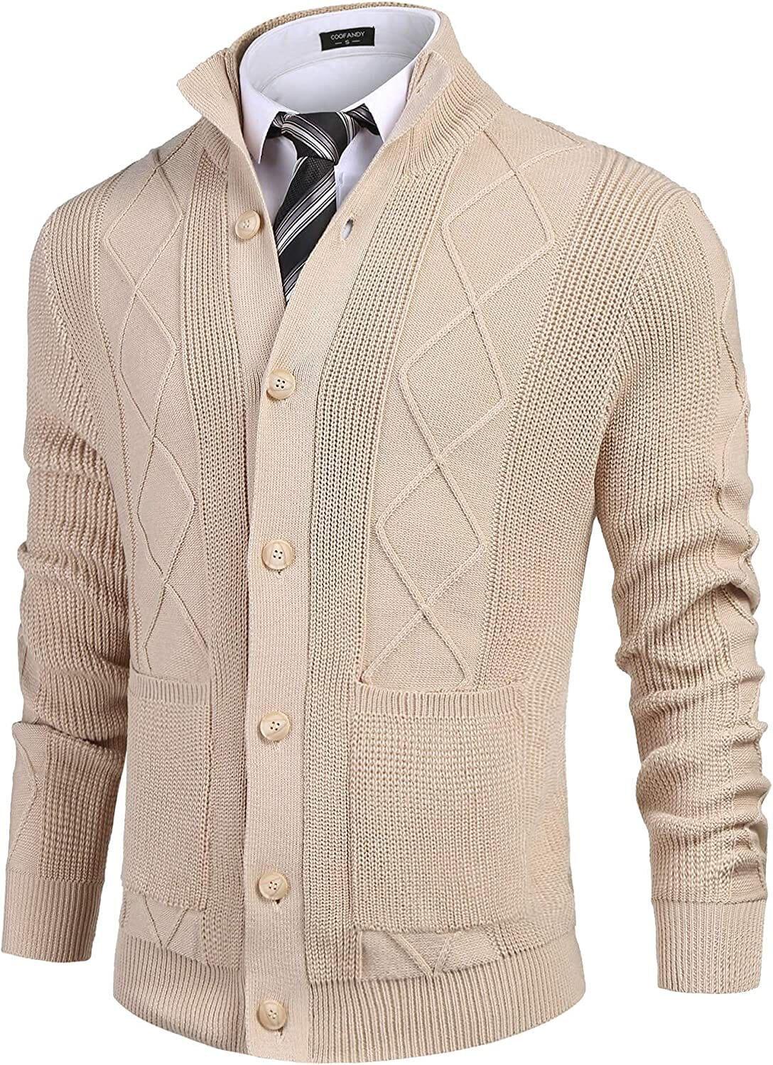 Casual Stand Collar Button Down Cardigan with Pockets (US Only) Cardigans COOFANDY Store Khaki S 