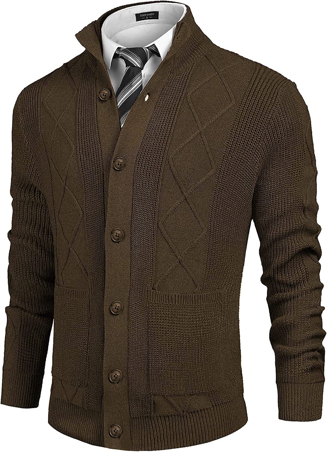 Casual Stand Collar Button Down Cardigan with Pockets (US Only) Cardigans COOFANDY Store Brown S 